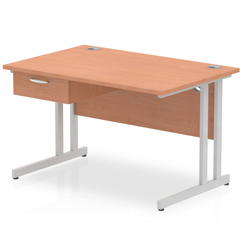 Pace Cantilever Straight Desk Silver Frame With Single One Drawer Fixed Pedestal