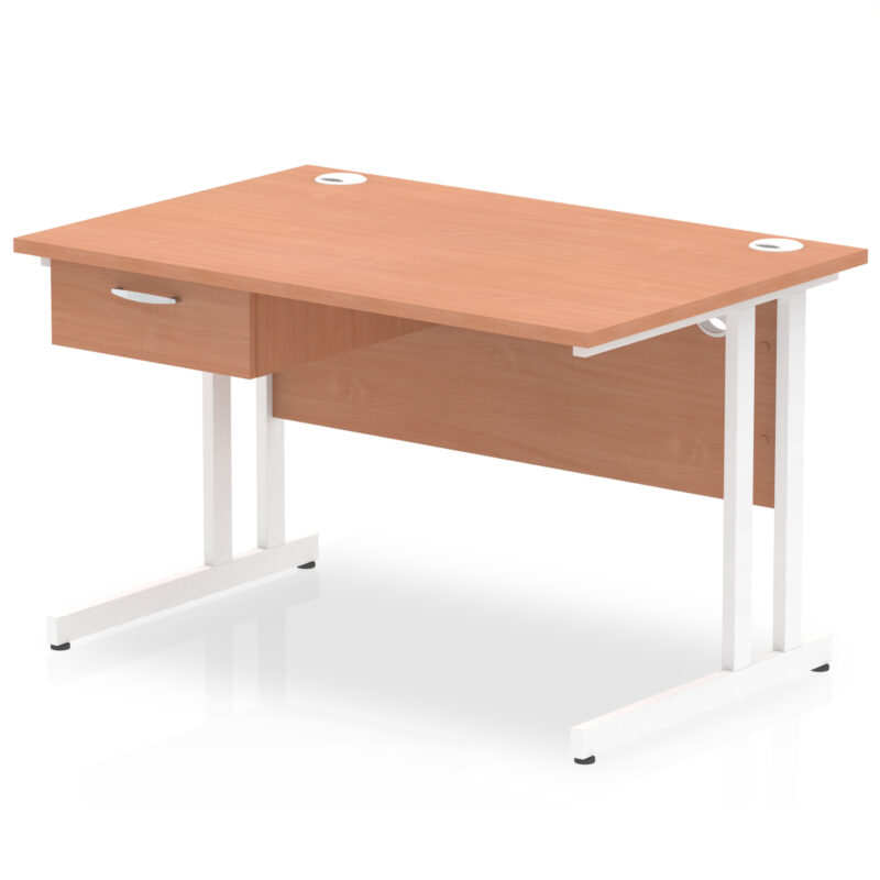 Pace Cantilever Straight Desk White Frame With Single One Drawer Fixed Pedestal