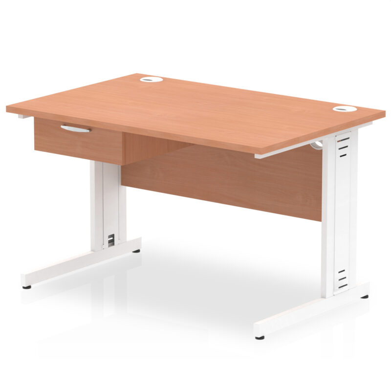 Pace Cable Managed Straight Desk White Frame With Single One Drawer Fixed Pedestal