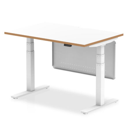 Patch Air Height Adjustable Desk White Top Natural Wood Edge White Frame with White Steel Modesty Panel