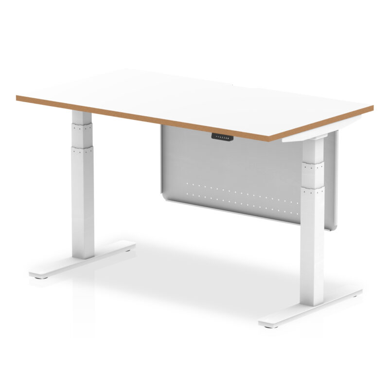 Patch Air Height Adjustable Desk White Top Natural Wood Edge White Frame with White Steel Modesty Panel - Image 2
