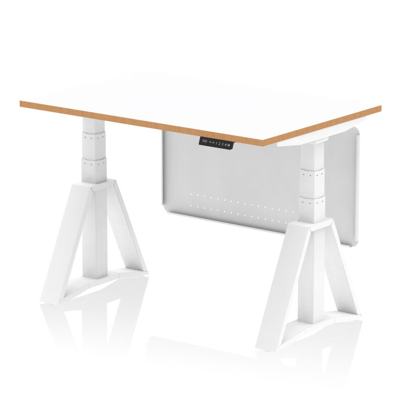 Patch Air Height Adjustable Desk White Top Natural Wood Edge White Frame with White Steel Modesty Panel - Image 4