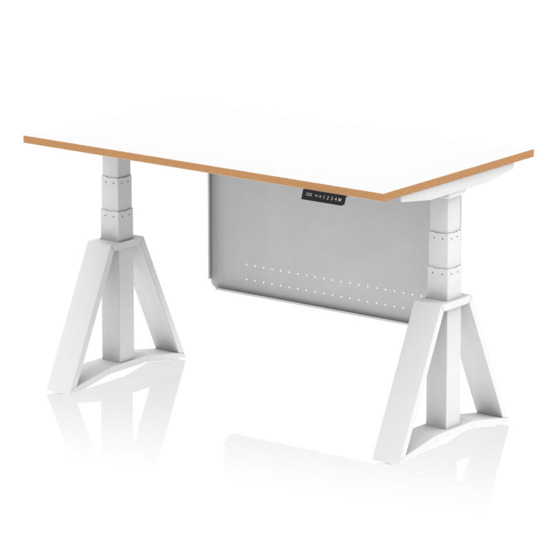 Patch Air Height Adjustable Desk White Top Natural Wood Edge White Frame with White Steel Modesty Panel - Image 5